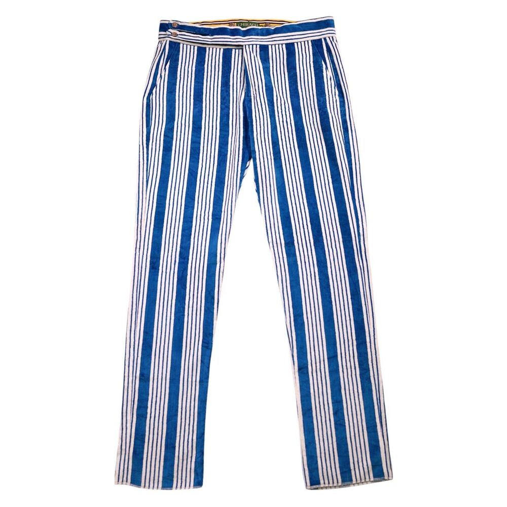 Mens 36 Gurkha Pants Blue Striped Velvet Flat Front Straight Fit Dress Trousers